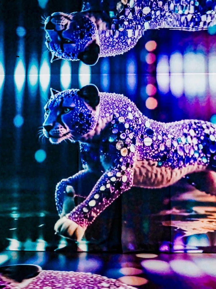Leopard light display with vibrant colors and reflections at MIRACLEWORLD Osaka.