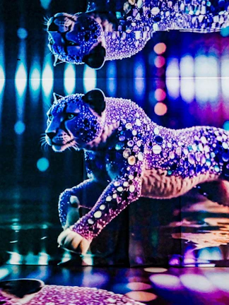 Leopard light display with vibrant colors and reflections at MIRACLEWORLD Osaka.