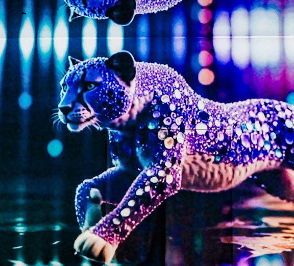 Leopard light display with vibrant colors and reflections at MIRACLEWORLD Osaka.