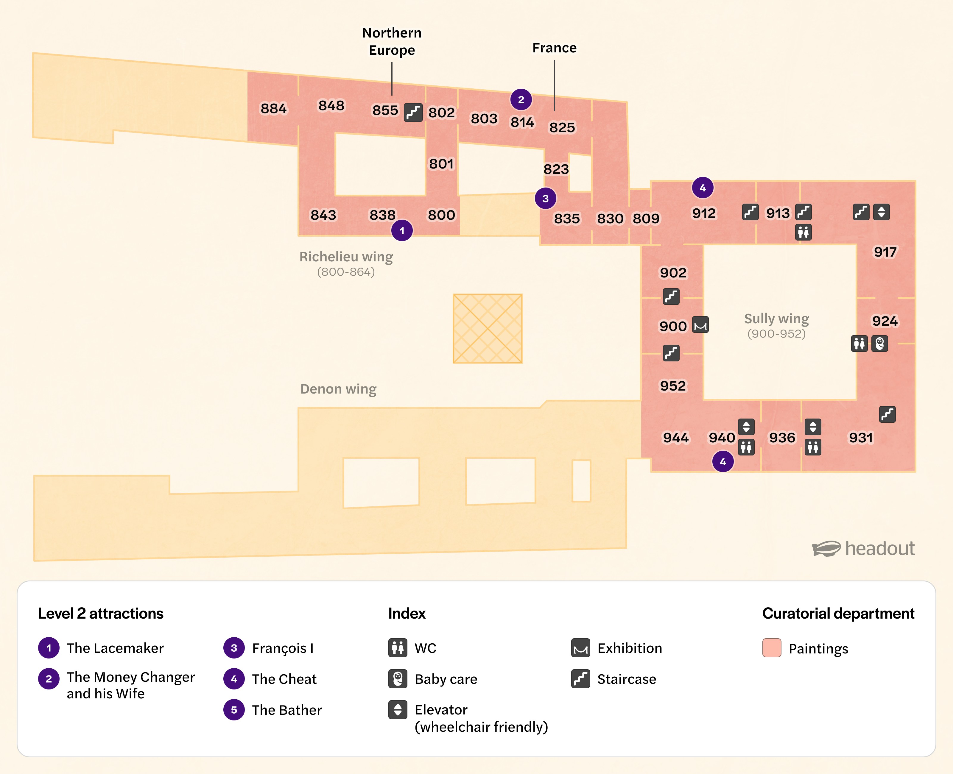 Louvre Museum Level 2 map highlighting Richelieu and Sully wings with key attractions and facilities.