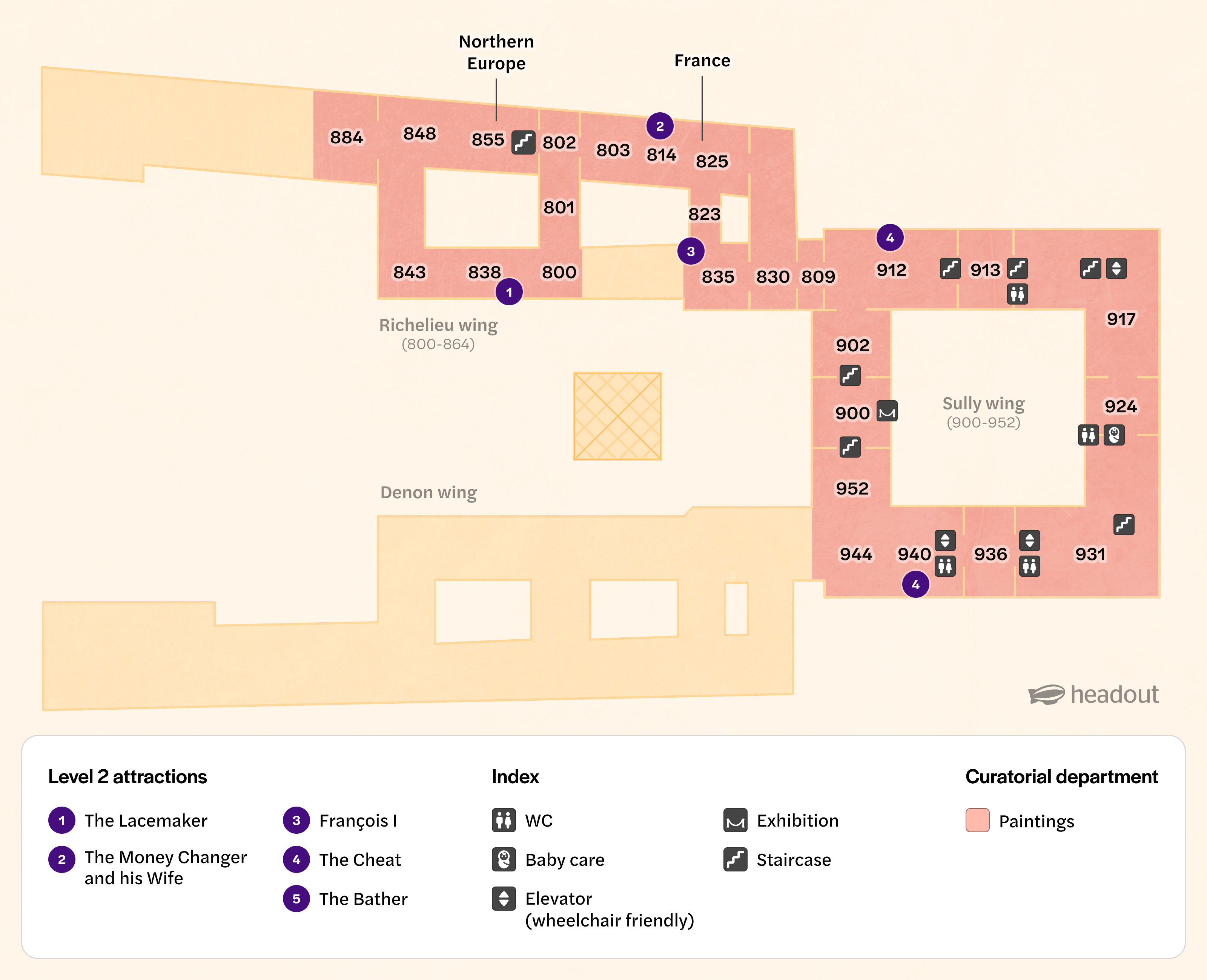 Louvre Museum Level 2 map highlighting Richelieu and Sully wings with key attractions and facilities.