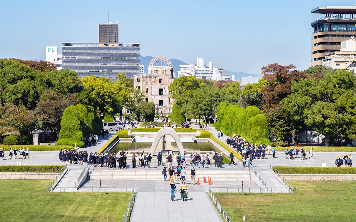 Hiroshima Peace Memorial Park with Atomic Bomb Dome in background, Japan.