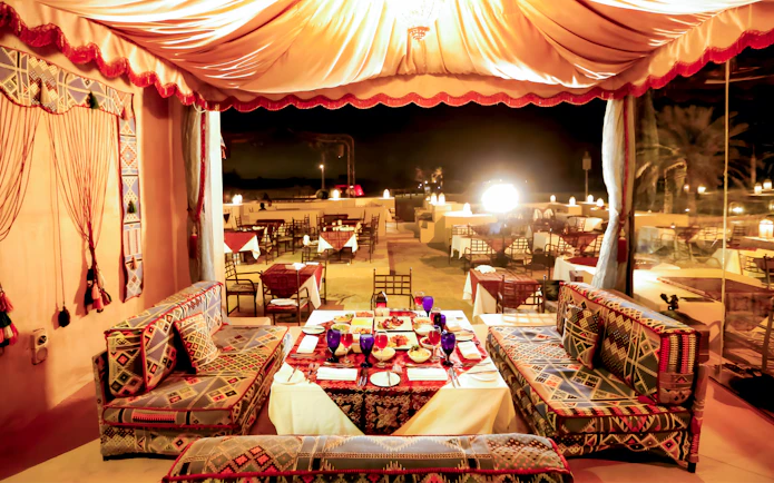 Royal dinner seating area with traditional decor in Dubai.
