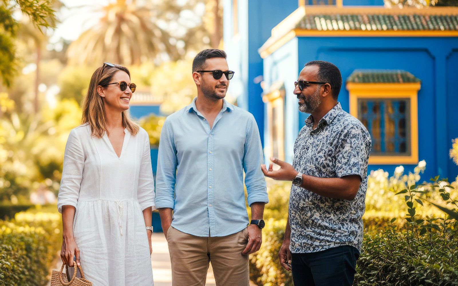 Guide with tourists in Jardin Majorelle, Marrakech, near blue building.