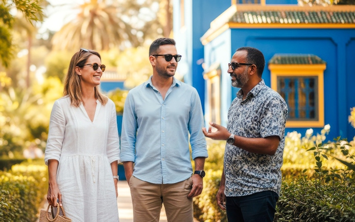 Guide with tourists in Jardin Majorelle, Marrakech, near blue building.