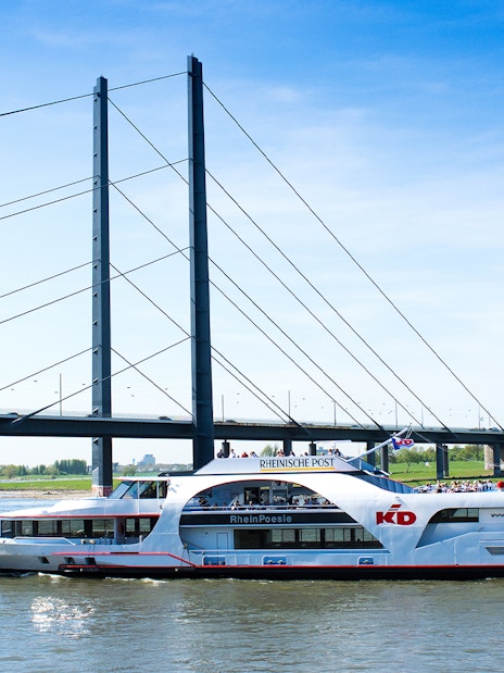 Cruise ship on the Rhine River passing under a bridge in Düsseldorf.