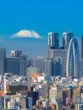 Shinjuku skyline with skyscrapers and Mount Fuji in the background, Tokyo, Japan.