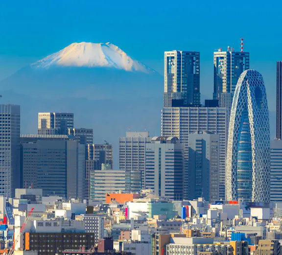 Shinjuku skyline with skyscrapers and Mount Fuji in the background, Tokyo, Japan.
