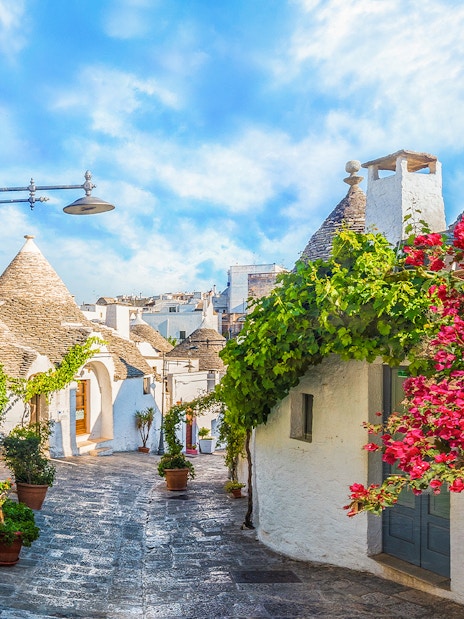 Trulli houses with stone roofs and vibrant flowers in Alberobello, Apulia, Italy.