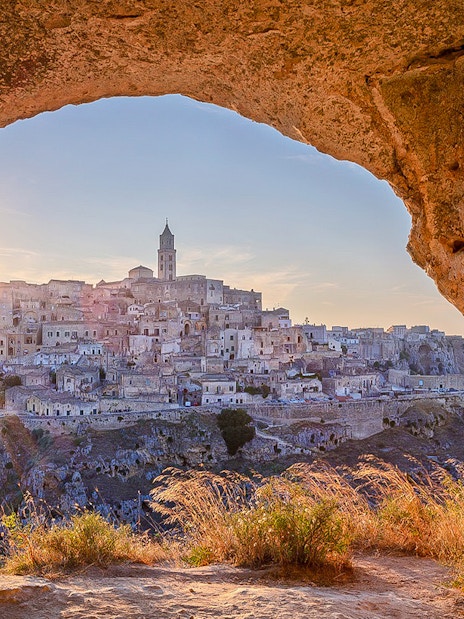 Sunset view of Matera from Parco Regionale della Murgia Materana cave.
