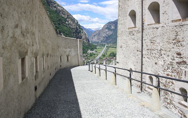 Fortress of Bard walkway with mountain view, Italy.