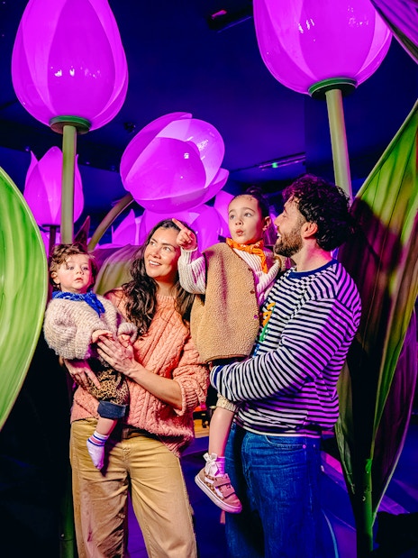 Guests exploring illuminated tulip exhibit in Holland experience.