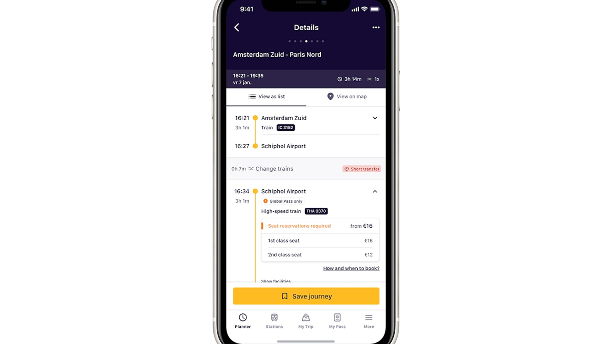 Interrail app screenshot showing seat reservation options for train journeys.