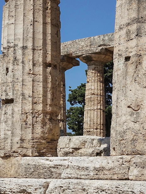 Ancient stone columns at Paestum Archaeological Site, Italy.