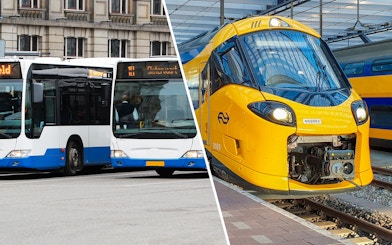 Amsterdam public transport buses and NS train at station.