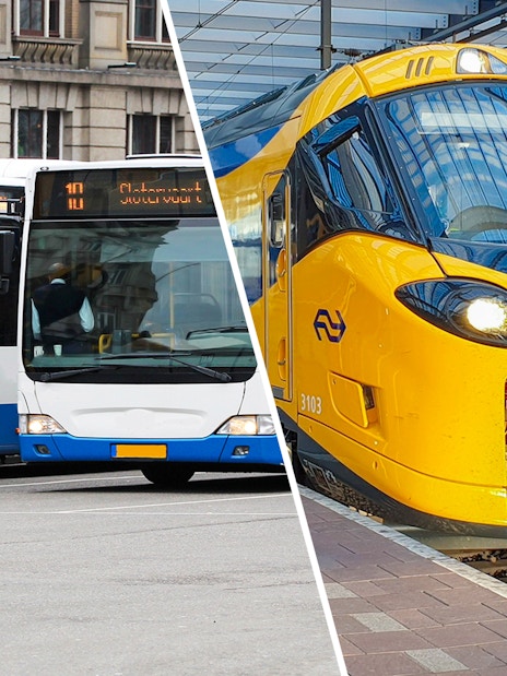 Amsterdam public transport buses and NS train at station.