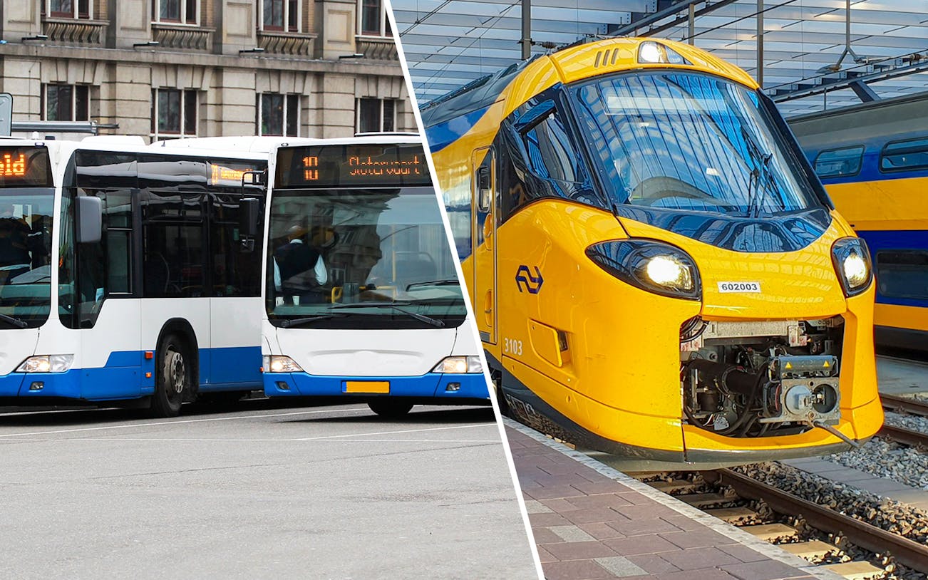 Amsterdam public transport buses and NS train at station.