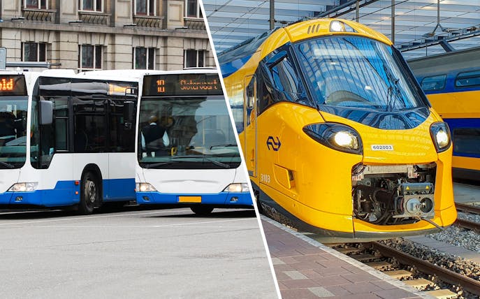 Amsterdam public transport buses and NS train at station.