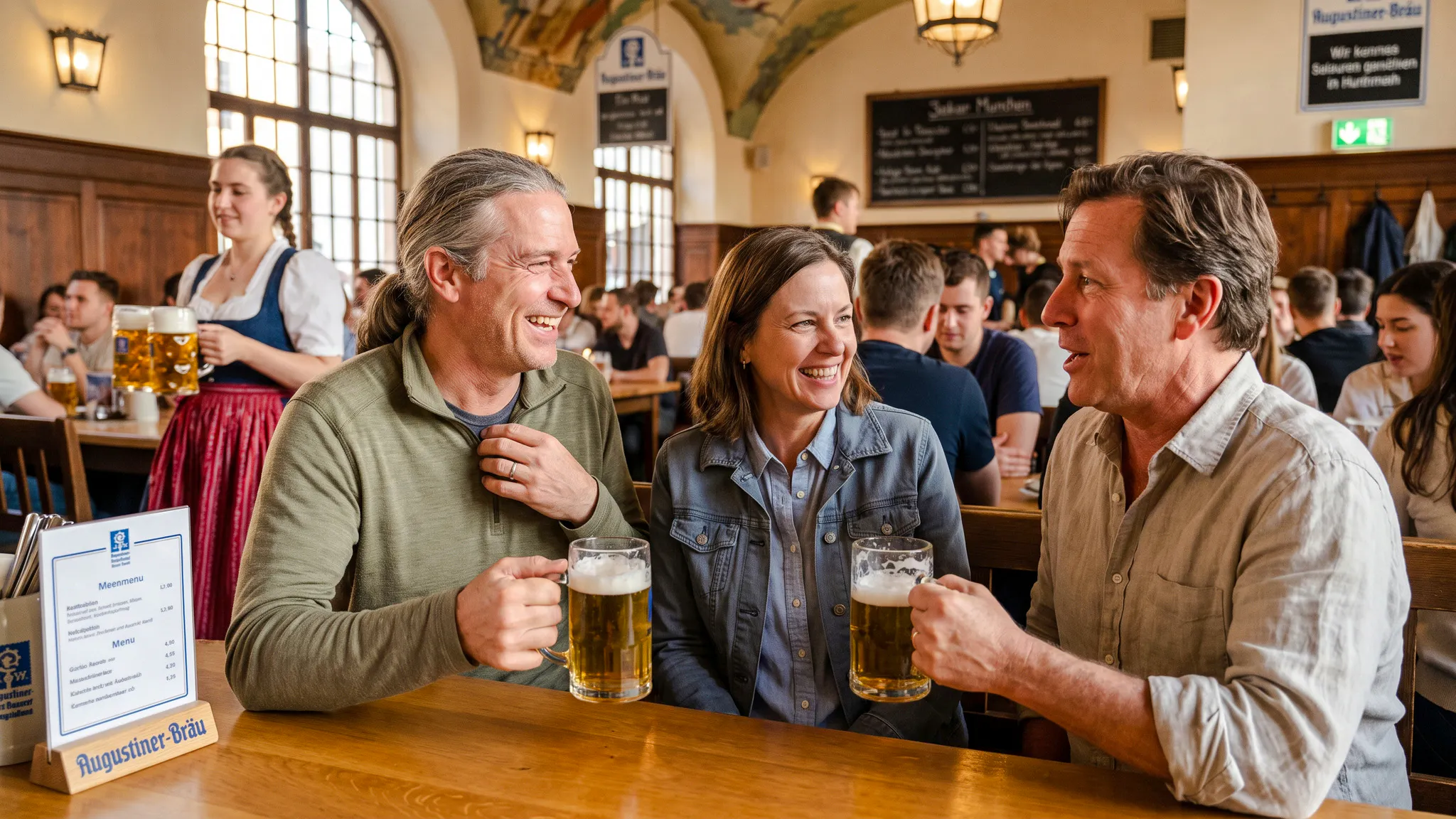 Friends enjoying beer at a traditional Munich beer hall during Oktoberfest walking tour.