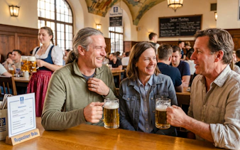 Friends enjoying beer at a traditional Munich beer hall during Oktoberfest walking tour.