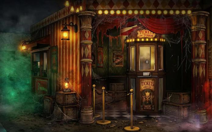 Entrance to Chatterbox Charlie's Vaudeville Horrors haunted house at Universal Studios Singapore.