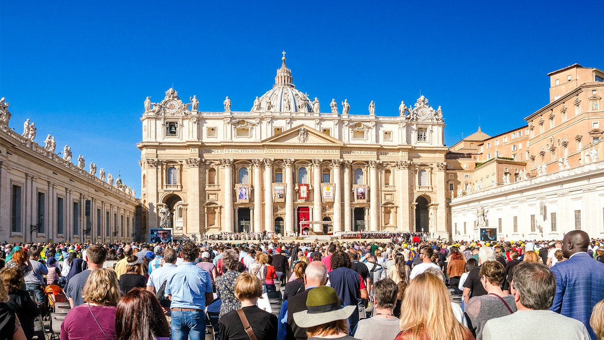 Pilgrims gathered around the Pope at St Peter's Basilica during Vatican Jubilee 2025, Rome