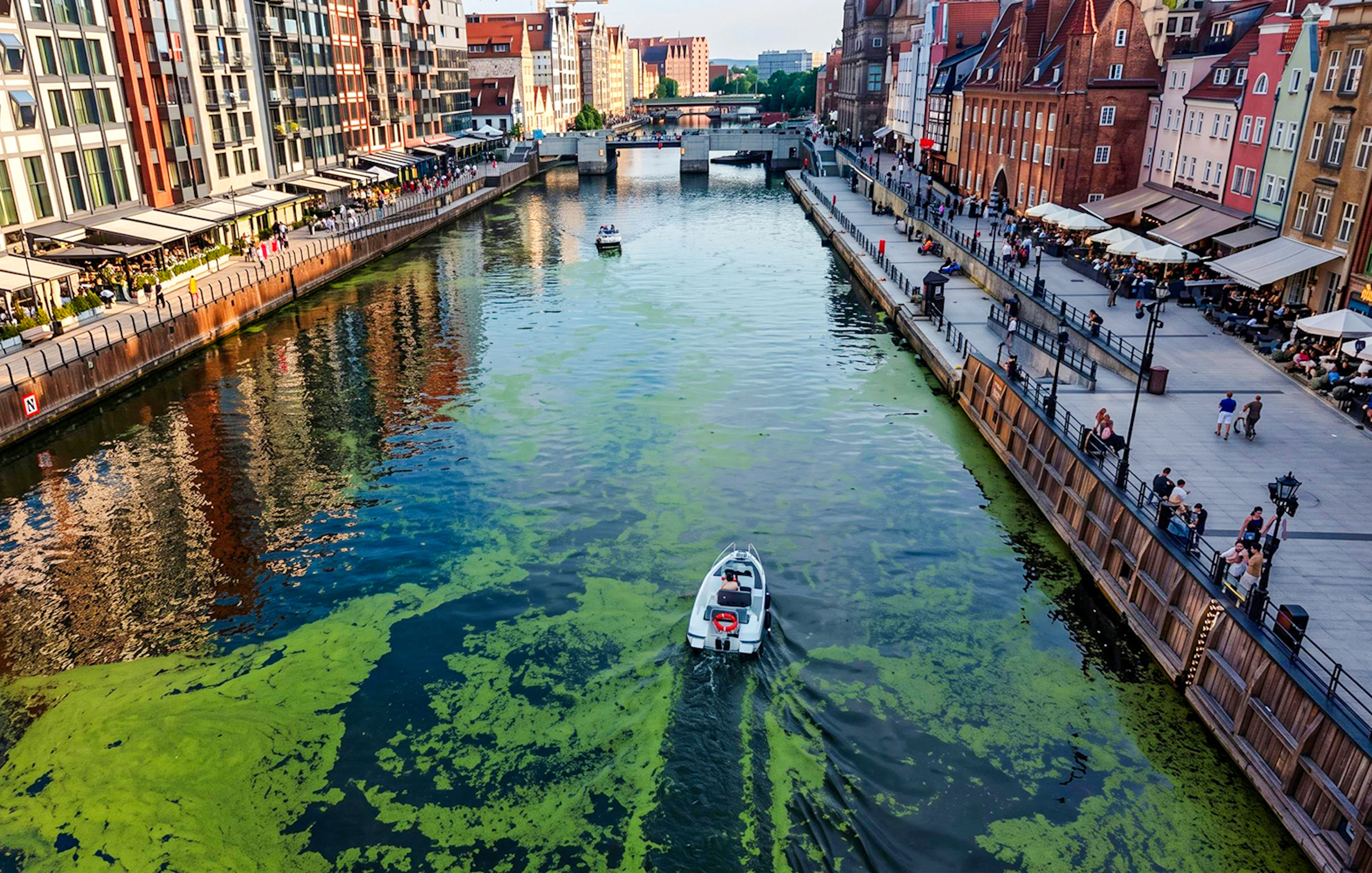 Electric boat cruising Gdansk harbour during Motława Sunset Cruise tour.