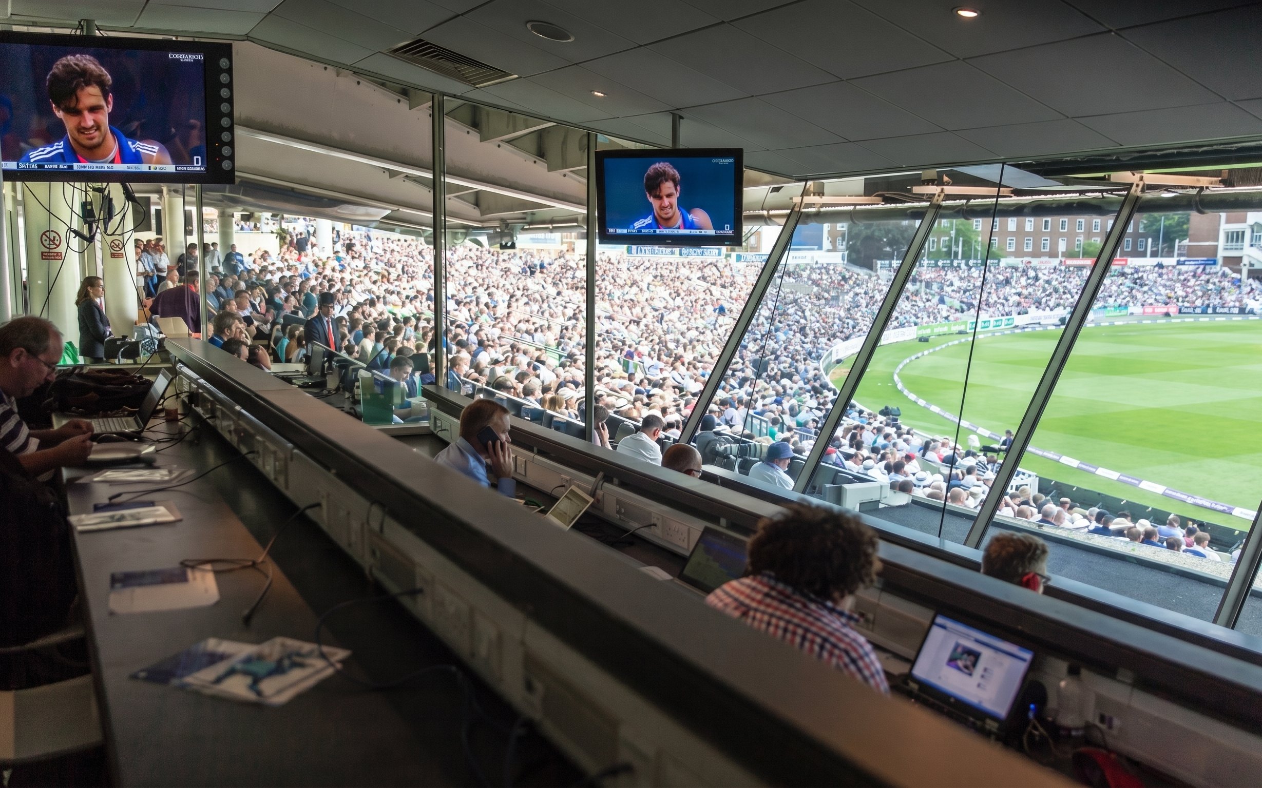 Press box view overlooking a cricket match at Kia Oval Stadium, London.