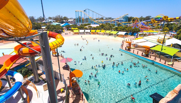Visitors enjoying water slides at Whitewater World, Gold Coast, Australia.