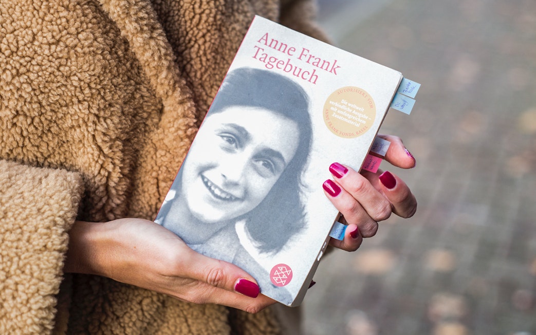 Anne Frank Diary book held in hands with tabs visible.