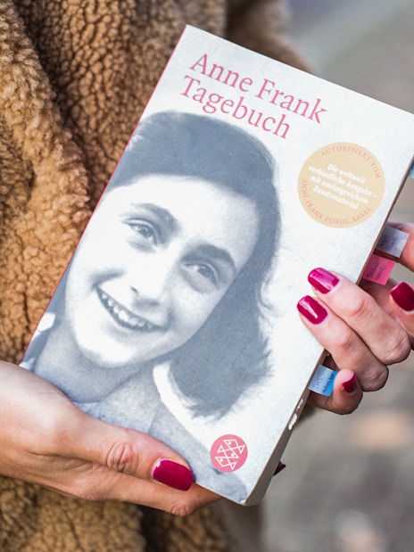 Anne Frank Diary book held in hands with tabs visible.