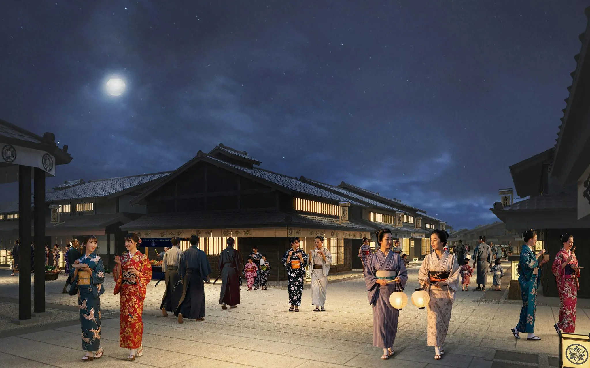 Night scene at TOEI Kyoto Studio Park with people in traditional attire.