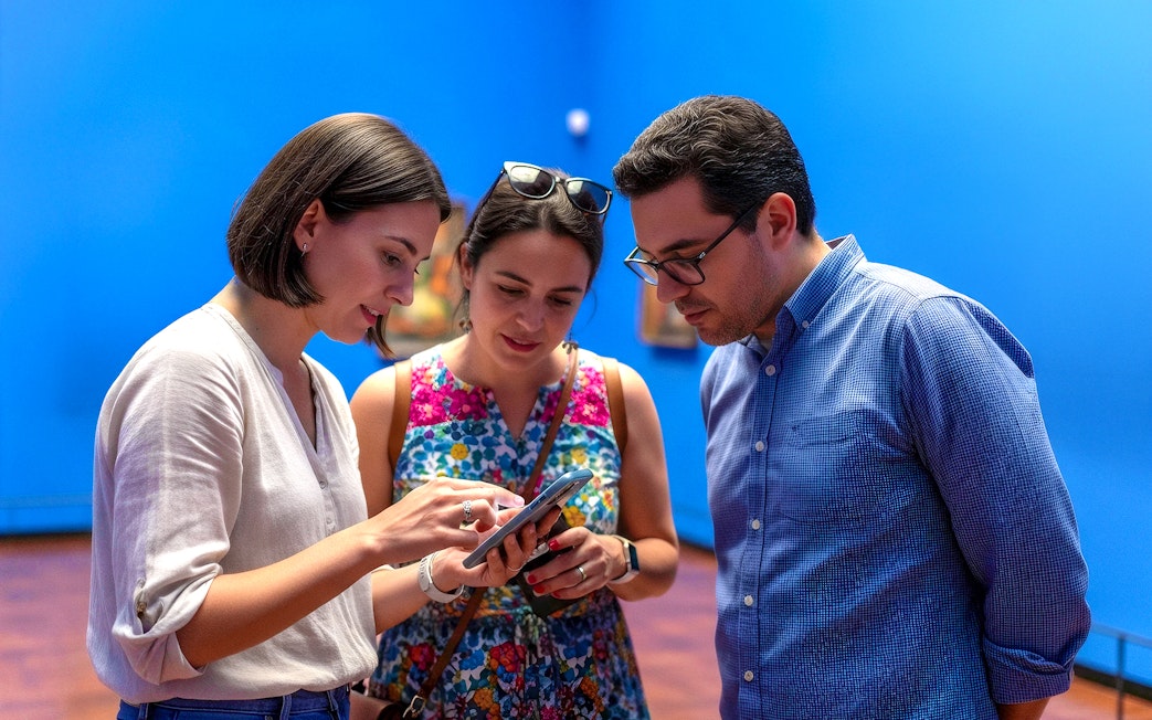 Visitors using audio guide inside Frida Kahlo Museum, Mexico City.