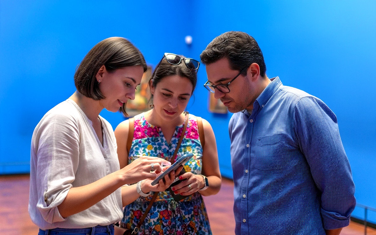 Visitors using audio guide inside Frida Kahlo Museum, Mexico City.