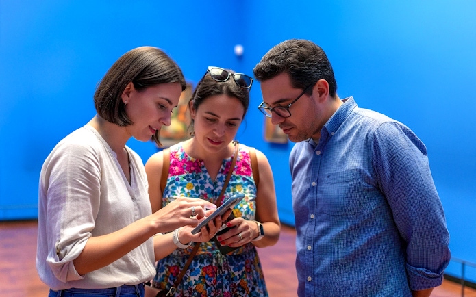 Visitors using audio guide inside Frida Kahlo Museum, Mexico City.