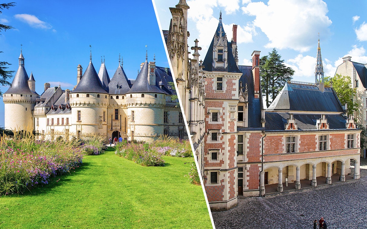 Domaine du Chaumont-sur-Loire and Royal Blois Castle exterior views, Loire Valley, France.