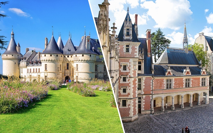 Domaine du Chaumont-sur-Loire and Royal Blois Castle exterior views, Loire Valley, France.