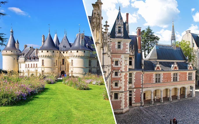 Domaine du Chaumont-sur-Loire and Royal Blois Castle exterior views, Loire Valley, France.