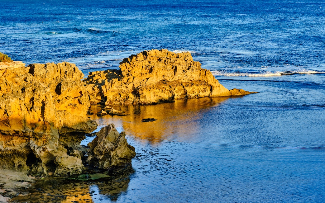 Blowholes and rock formations along Phillip Island's coastline.