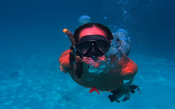 Scuba diver exploring underwater in Aci Castello, Italy.