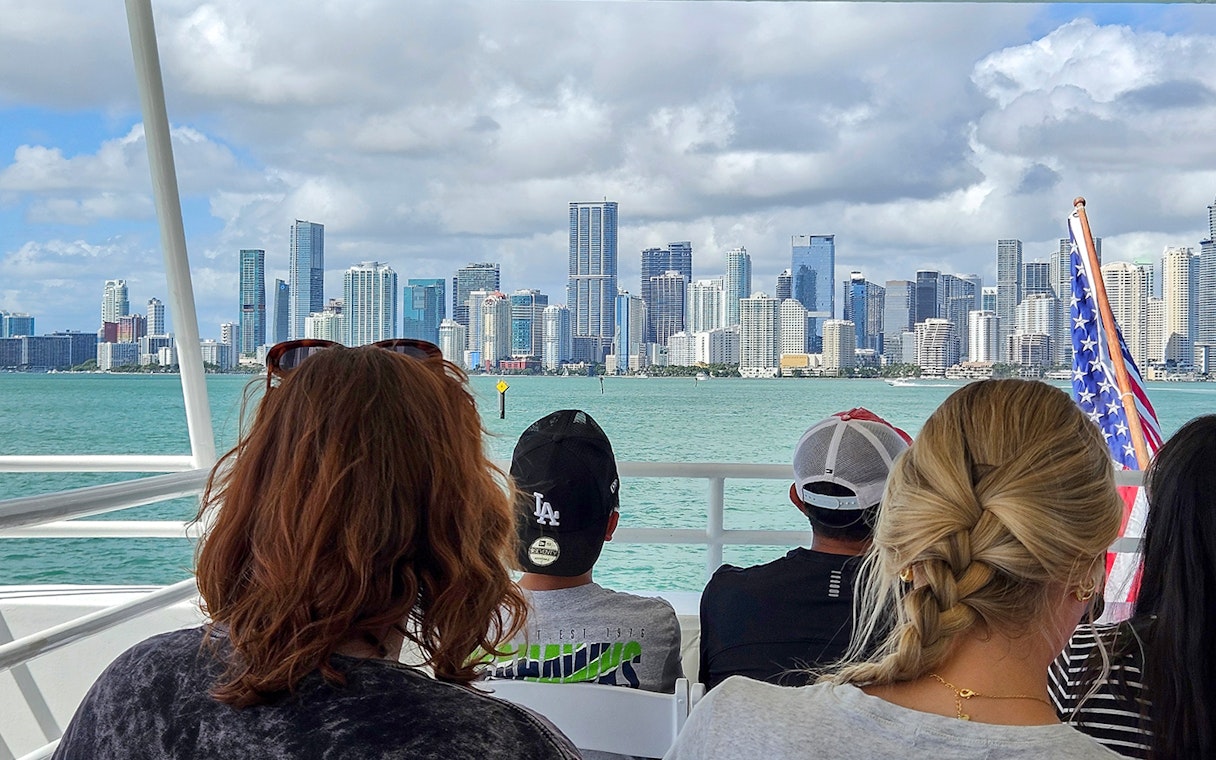 Miami skyline viewed from a yacht during Millionaire's Homes cruise.