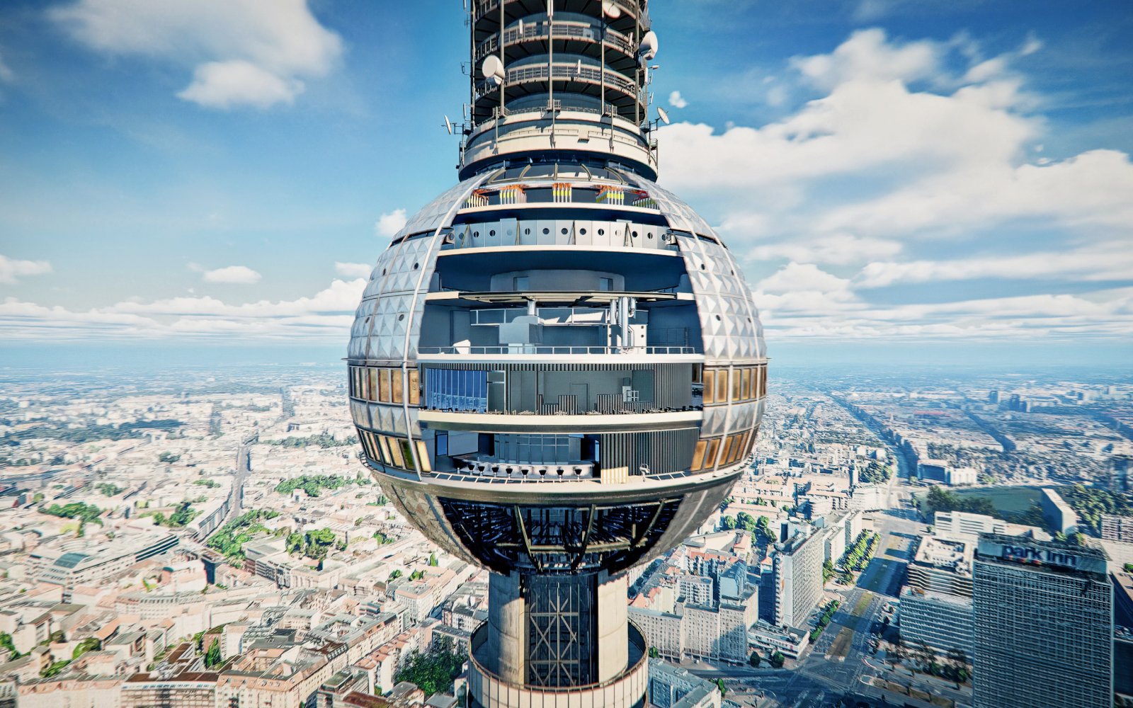 Berlin TV Tower observation deck with cityscape view.