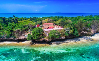 Aerial view of Prison Island surrounded by turquoise waters and lush greenery, Zanzibar, Tanzania.