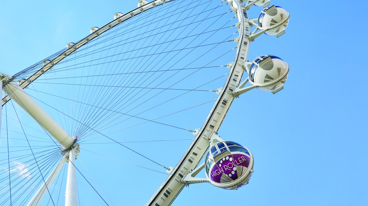 Las Vegas High Roller Observation Wheel against blue sky.