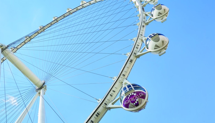 Las Vegas High Roller Observation Wheel against blue sky.
