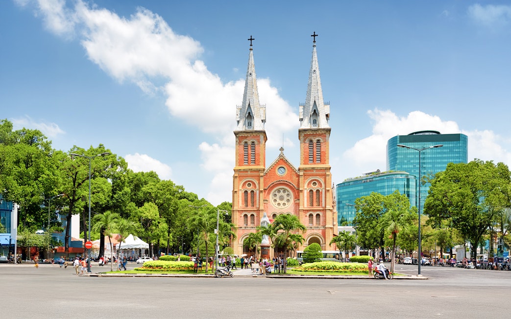 Saigon Notre-Dame Cathedral Basilica with twin bell towers in Ho Chi Minh City, Vietnam.