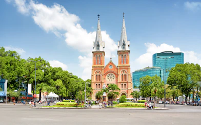 Saigon Notre-Dame Cathedral Basilica with twin bell towers in Ho Chi Minh City, Vietnam.