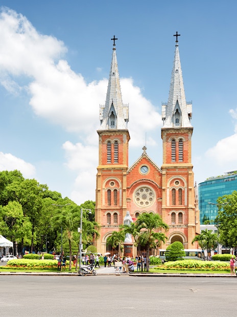 Saigon Notre-Dame Cathedral Basilica with twin bell towers in Ho Chi Minh City, Vietnam.