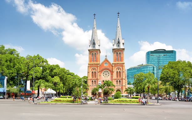 Saigon Notre-Dame Cathedral Basilica with twin bell towers in Ho Chi Minh City, Vietnam.