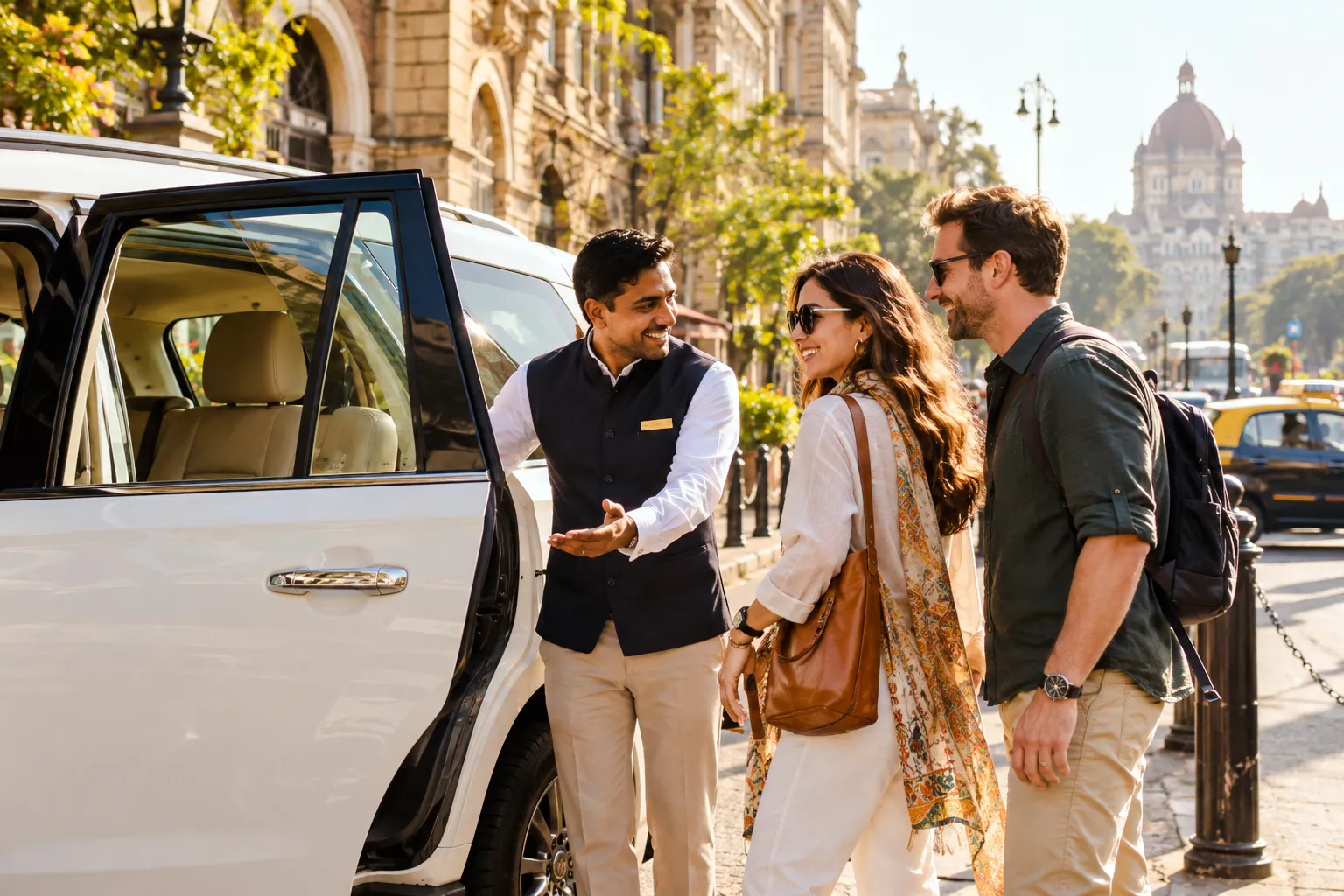Tourists entering a car for Mumbai Private Shopping Express with guide in Agra.